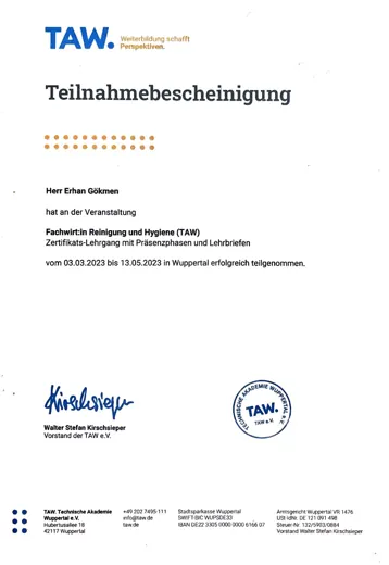 Teilnahmebescheinigung der Technischen Akademie Wuppertal